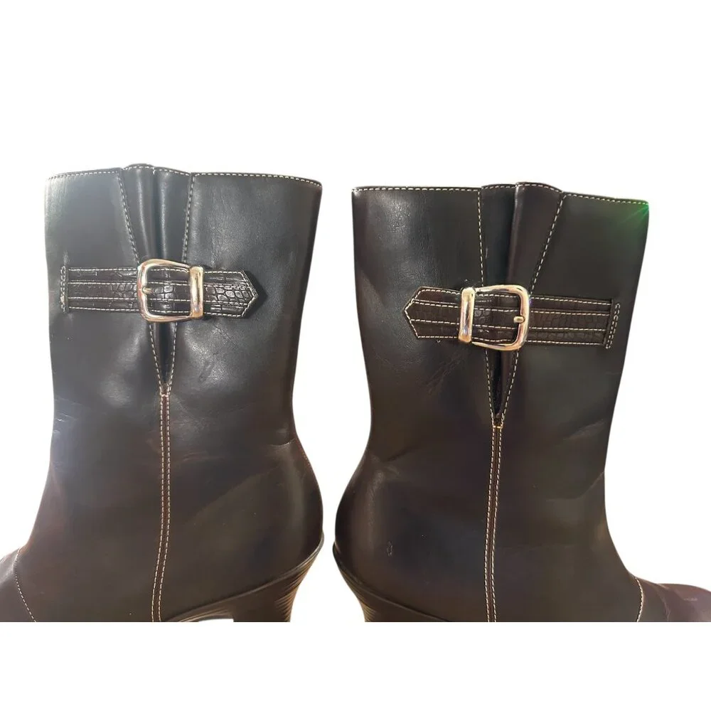 Vintage Y2K LEI Platform Boots Women 8.5 Brown Chunky Retro Zip Buckle 70s Moto